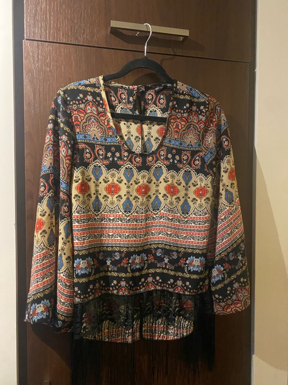 See You Monday Black Multicolor Paisley Fringe Blouse